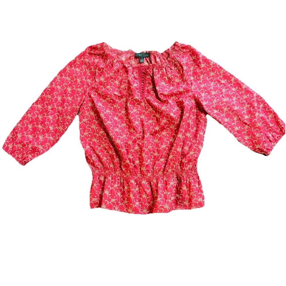 Ralph Lauren 1X Shirt Top Tunic Blouse Peasant Floral Coral Red